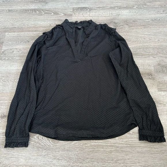 J. Crew GUC Polka Dot Embroidery V-neck Ruffle Details Blouse Top Size XS Black - Picture 5 of 6